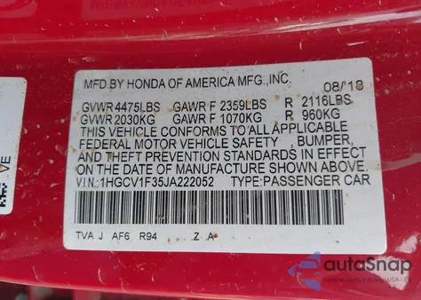 2018 Honda Accord Sport z USA, uszkodzony, nr VIN 1HGCV1F35JA222052